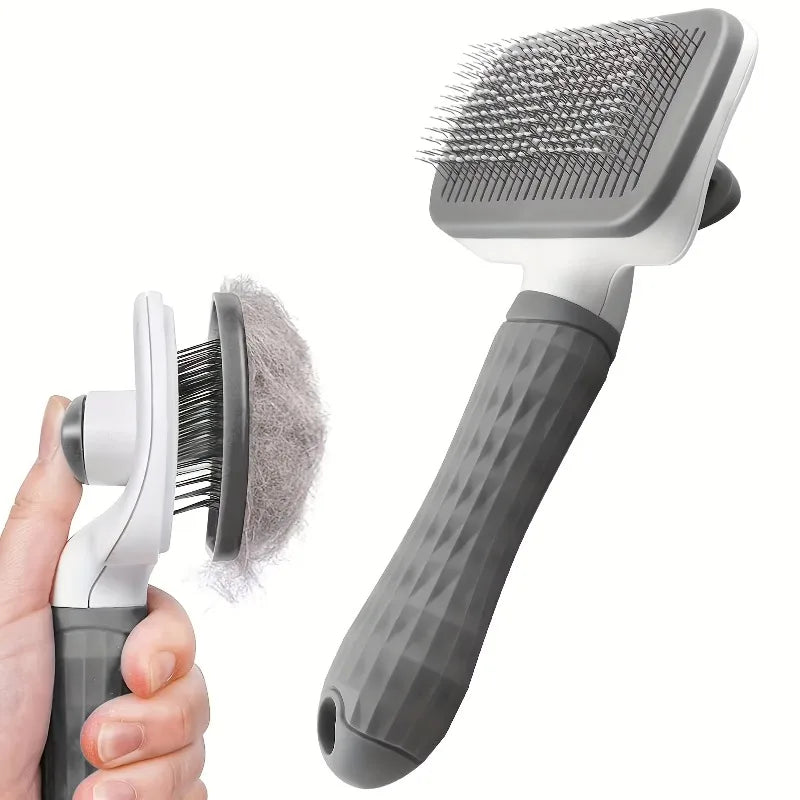 Hand pressing the self-cleaning button on the slicker brush to release fur