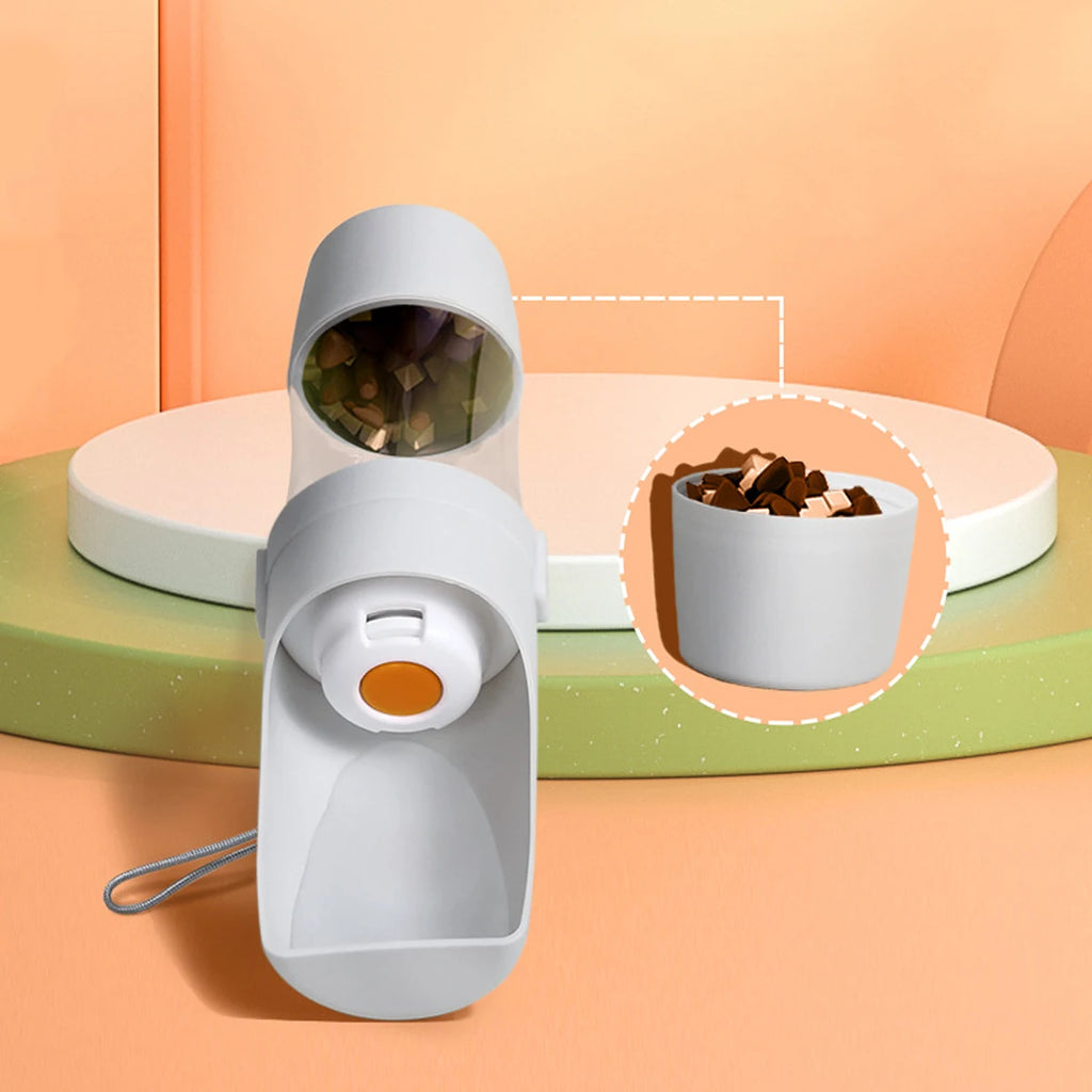 Open grey pet water bottle showing the detachable food storage container