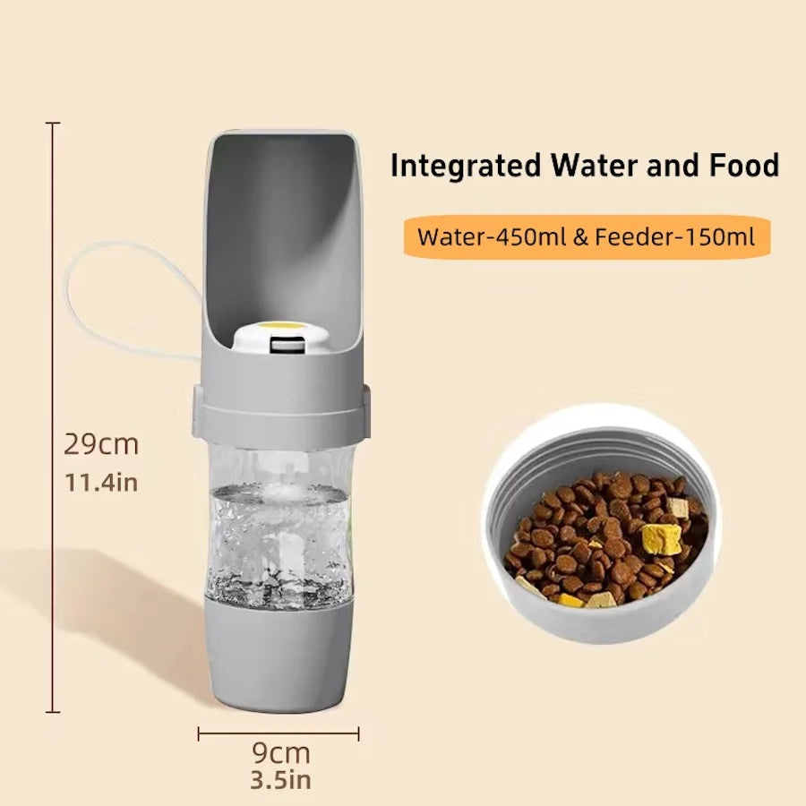 Pet water bottle dimensions, 29 cm tall and 9 cm wide, with 450 ml water and 150 ml food feeder