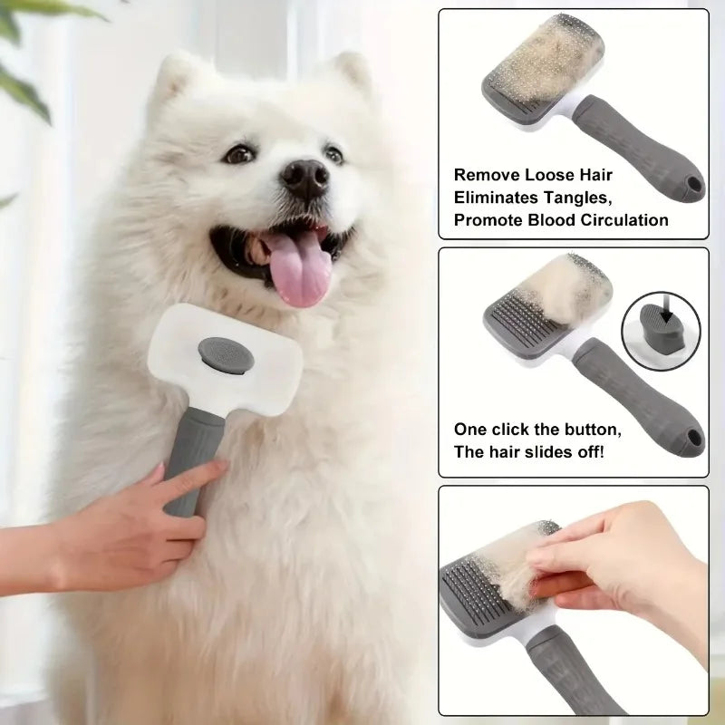 Brushing a fluffy white dog with the self-cleaning slicker brush, with one-click hair removal steps