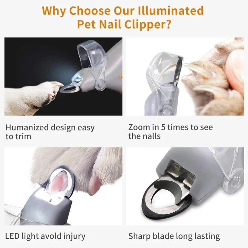 Pet Nail Clipper with LED Light, Stainless Steel Blade, for Cats & Dogs