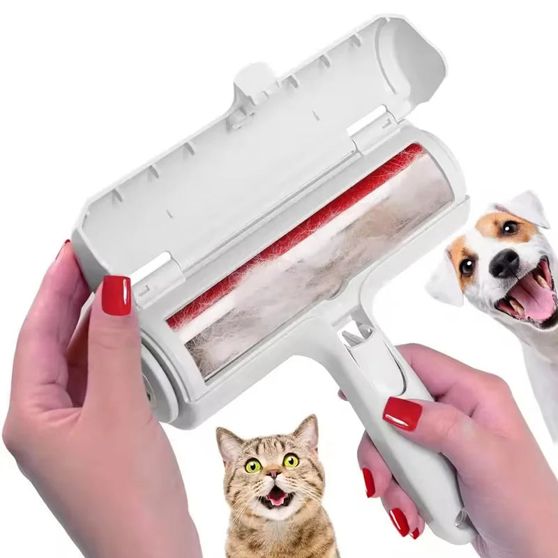 Hands holding a Snifflebay pet hair remover roller with a happy dog and cat