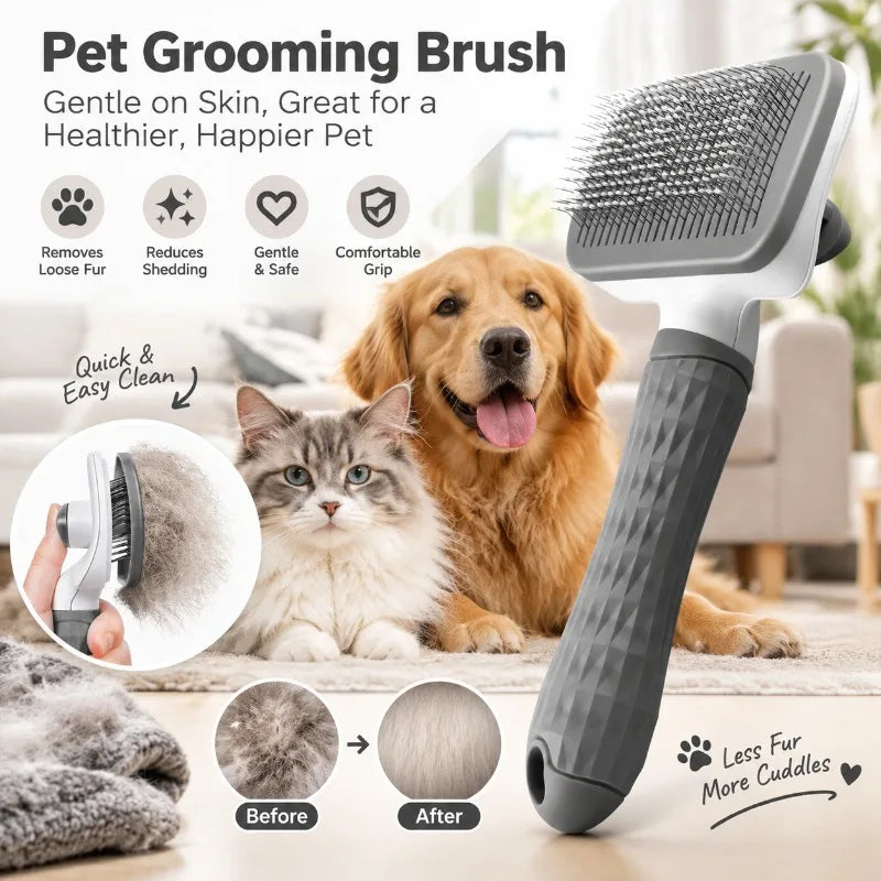 Snifflebay self-cleaning pet grooming brush with a golden retriever and cat, showing quick and easy cleaning