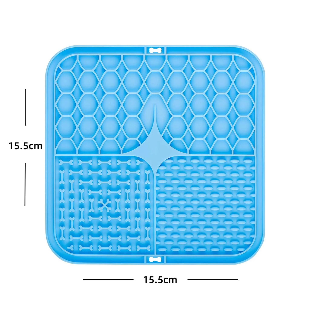 Blue Snifflebay silicone lick mat with dimensions, 15.5 cm by 15.5 cm