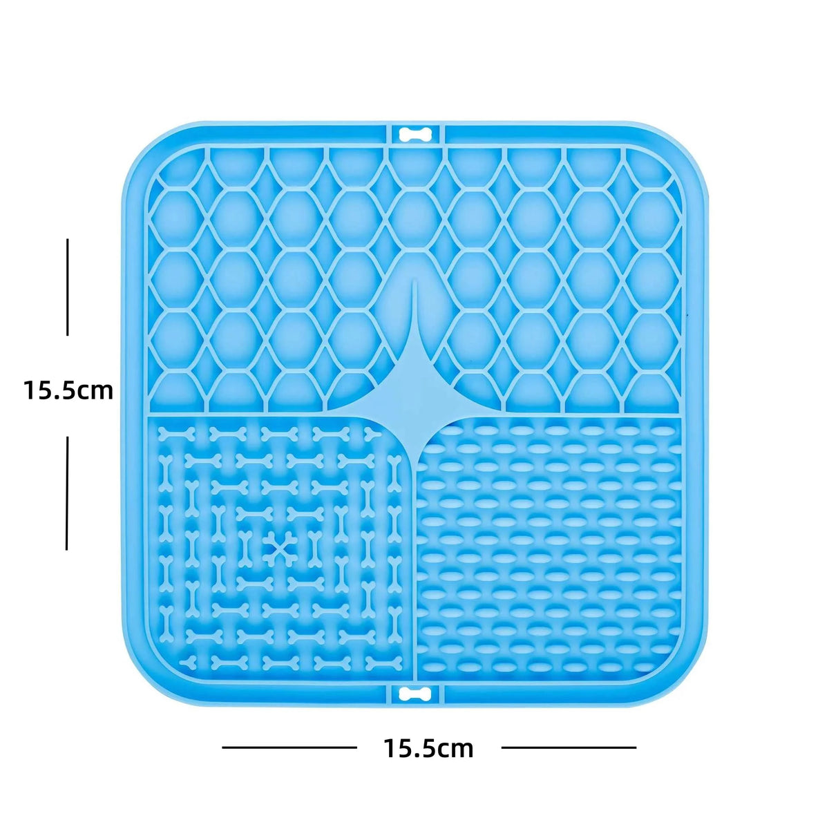 Blue Snifflebay silicone lick mat with dimensions, 15.5 cm by 15.5 cm