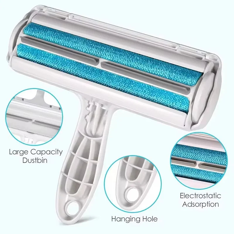 Snifflebay pet hair remover roller with callouts for large capacity dustbin, hanging hole and electrostatic adsorption