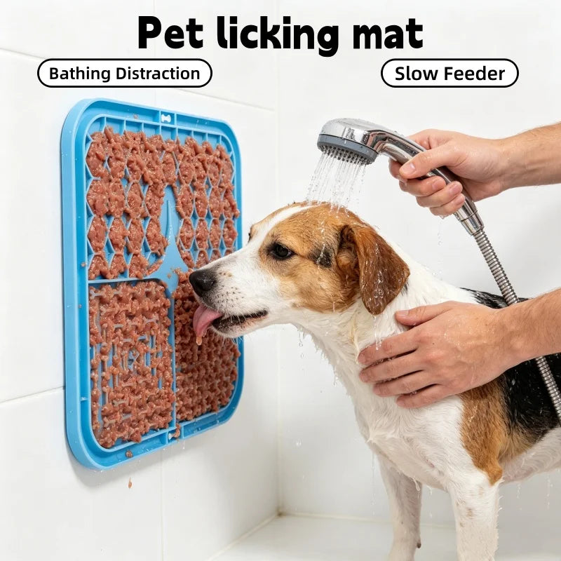 Dog licking a blue Snifflebay silicone lick mat stuck to the shower wall at bath time