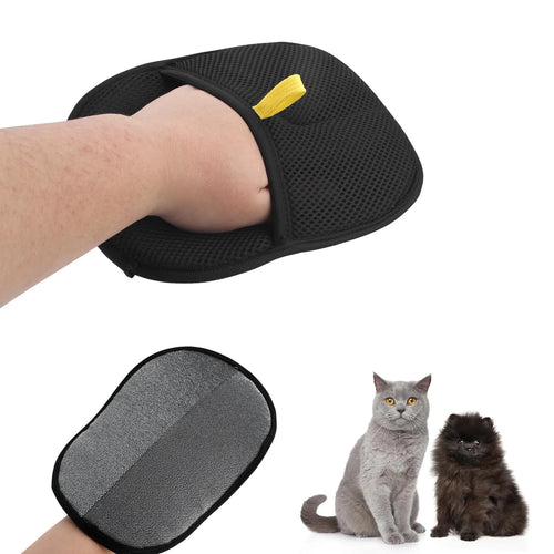 Hand wearing a black Snifflebay double-sided pet hair remover glove, with a cat and a small dog