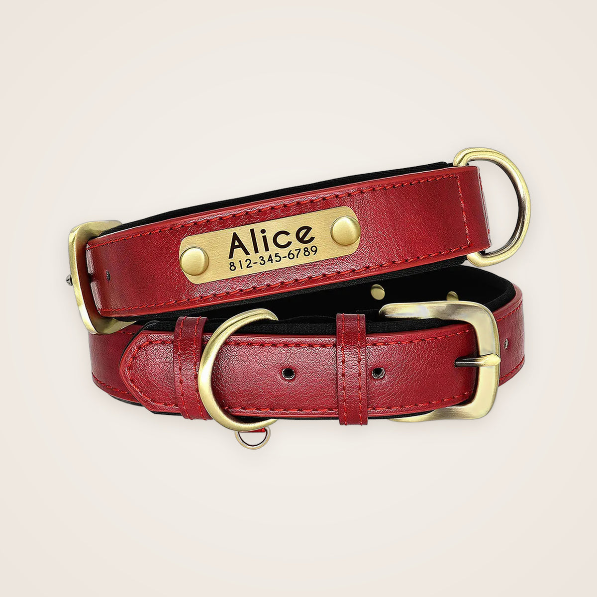 Red padded leather dog collar with engraved nameplate