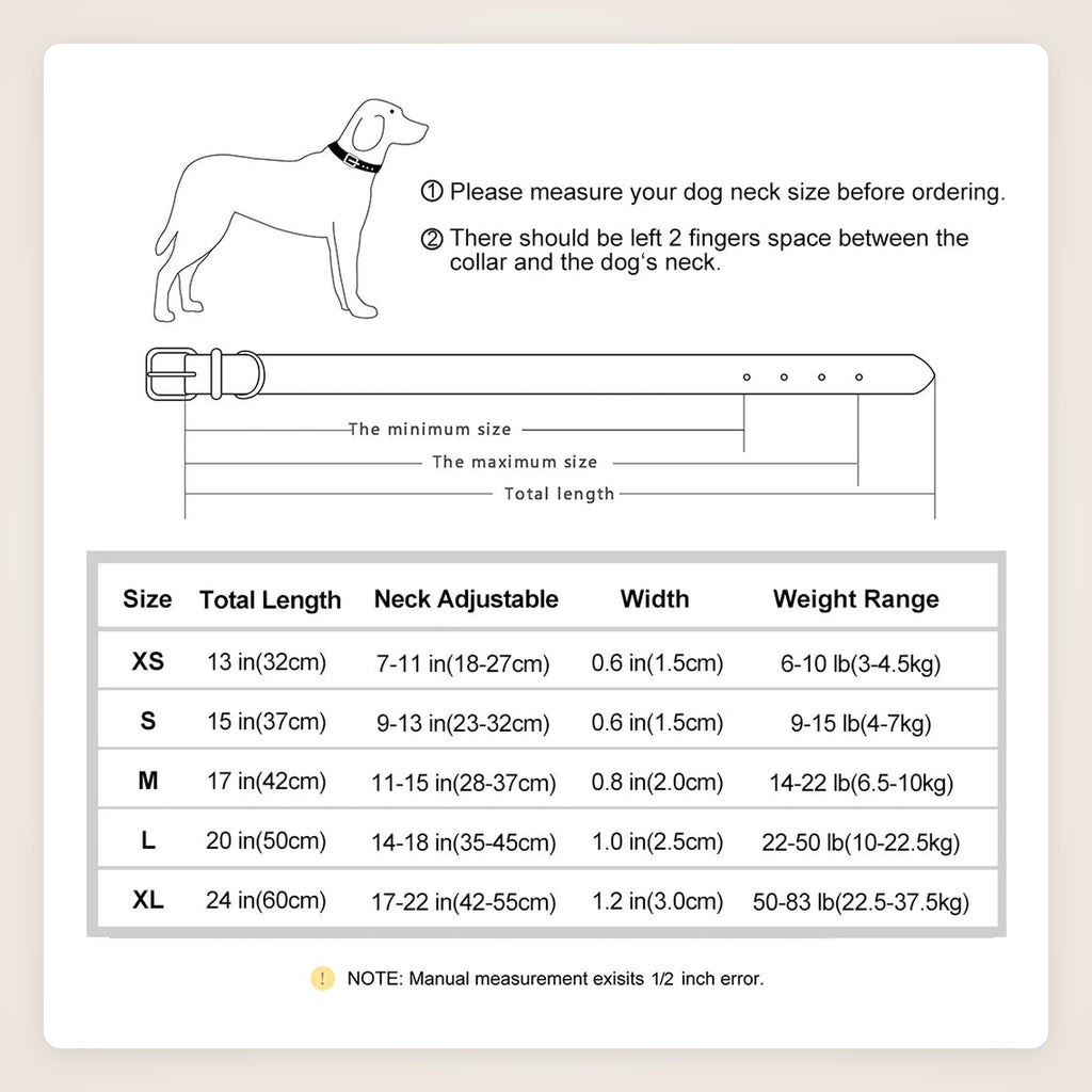 Dog collar size chart