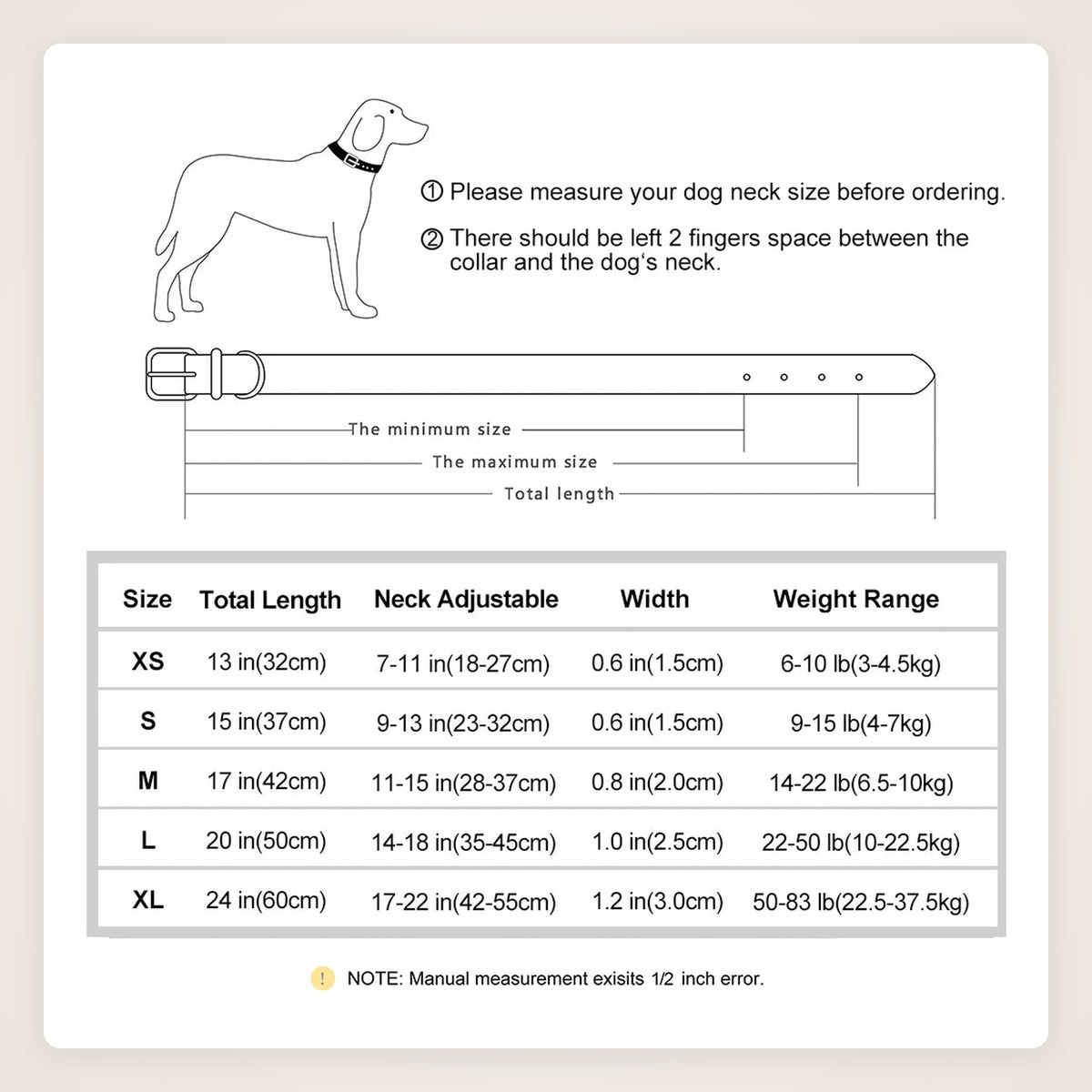 Dog collar size chart