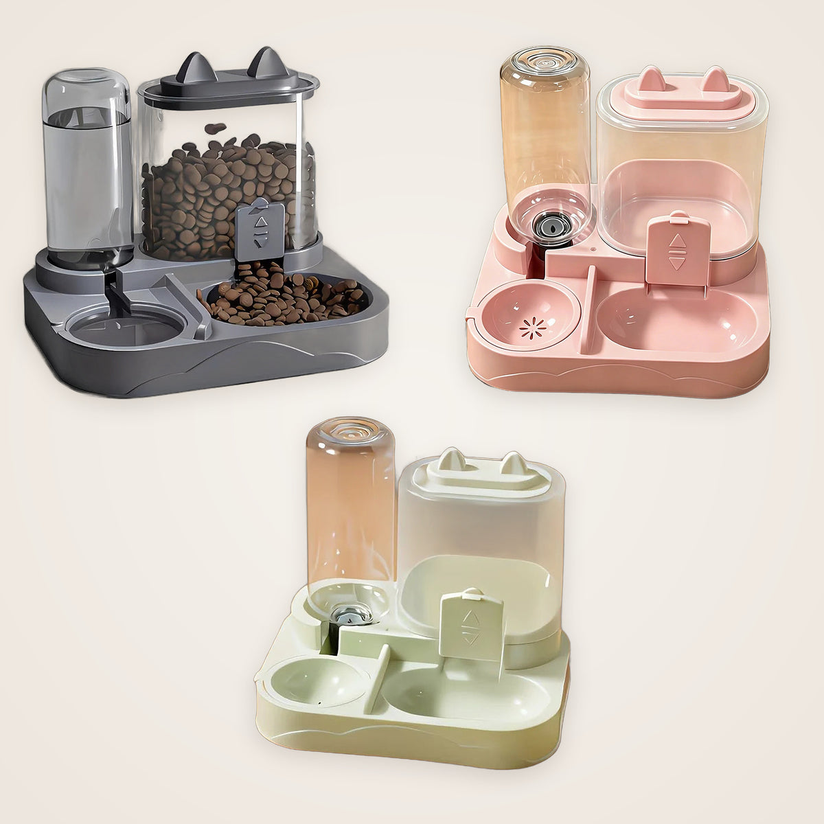 Large 2-in-1 pet feeder and water dispenser in gray, pink and green
