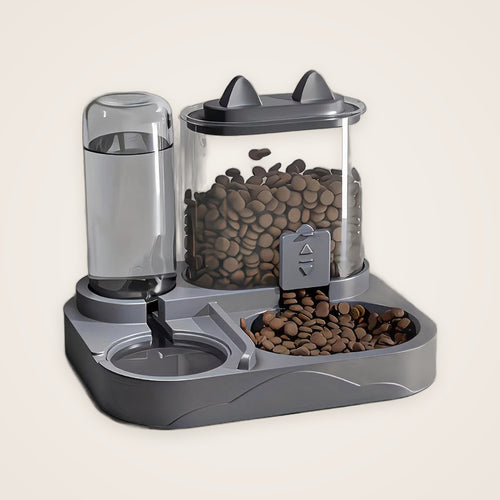 Gray 2-in-1 pet feeder and water dispenser with dry food and water, front view