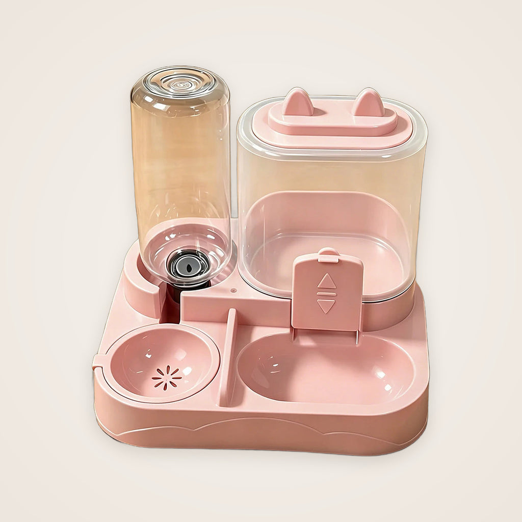 Pink 2-in-1 pet feeder and water dispenser with cat-ear lid
