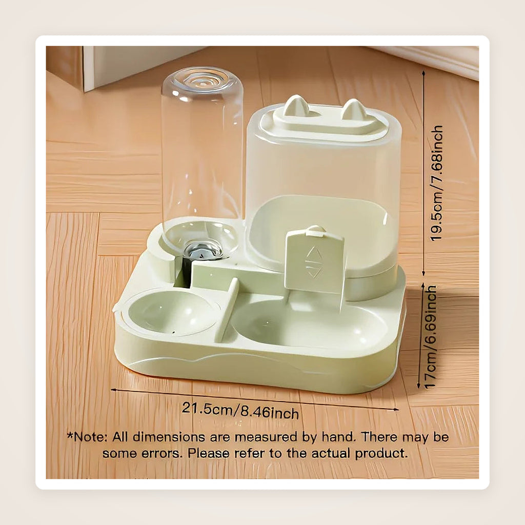 Pet feeder size guide: 21.5 cm wide, 17 cm deep, 19.5 cm tall (8.46 x 6.69 x 7.68 in)