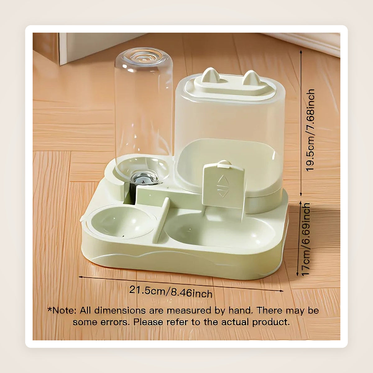 Pet feeder size guide: 21.5 cm wide, 17 cm deep, 19.5 cm tall (8.46 x 6.69 x 7.68 in)