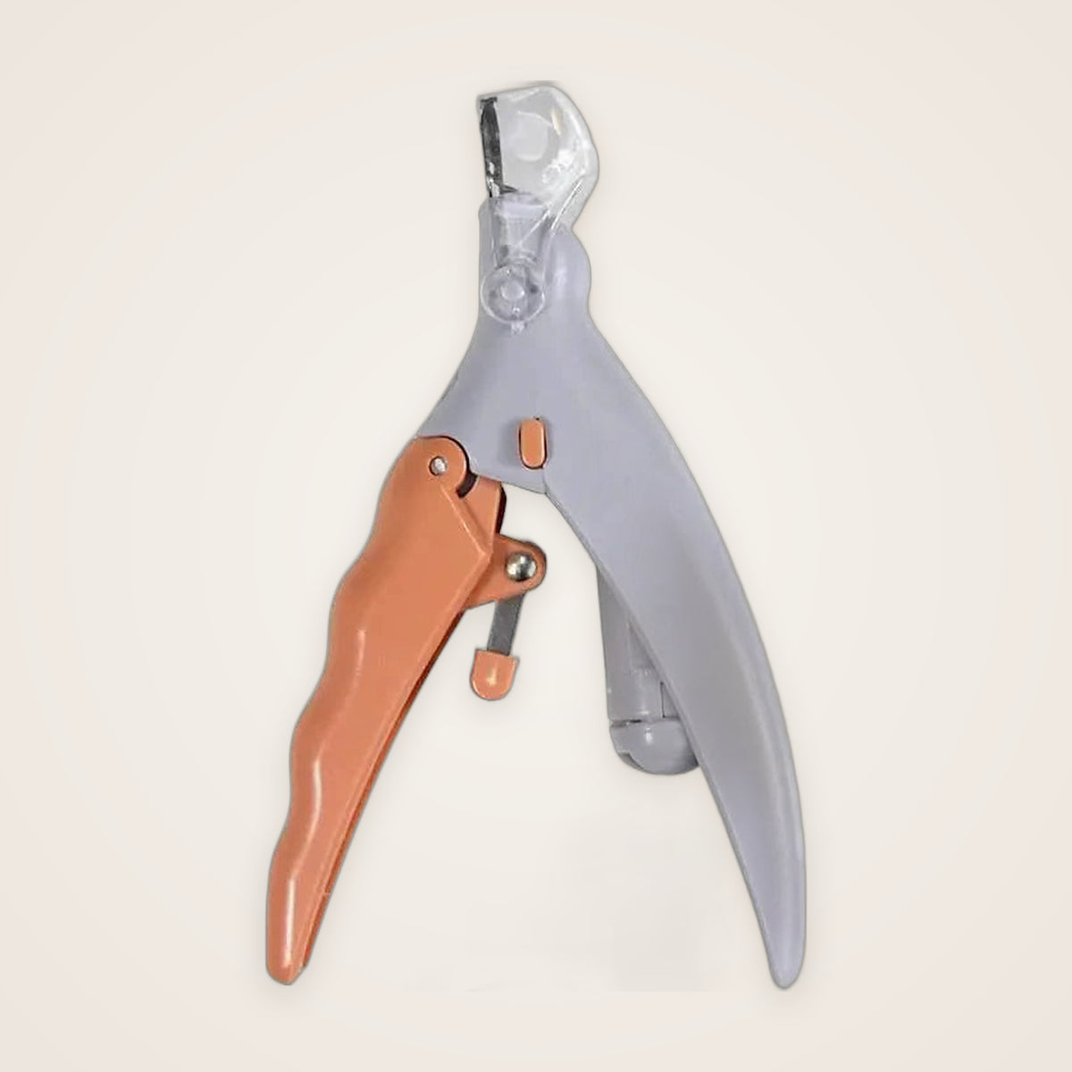 Pet nail clipper with LED light and magnifying lens, front view