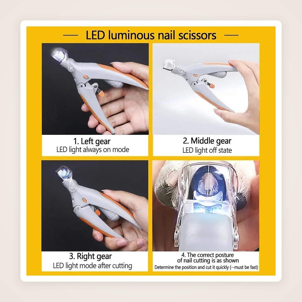 How to use the LED light: left gear on, middle gear off, right gear light while cutting