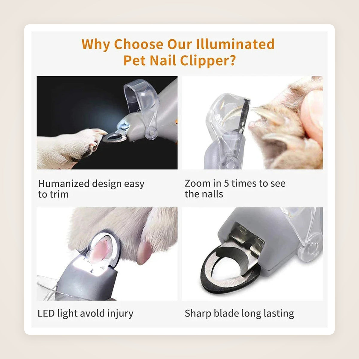 Why choose the illuminated pet nail clipper: easy trimming, 5x zoom, LED light, sharp blade