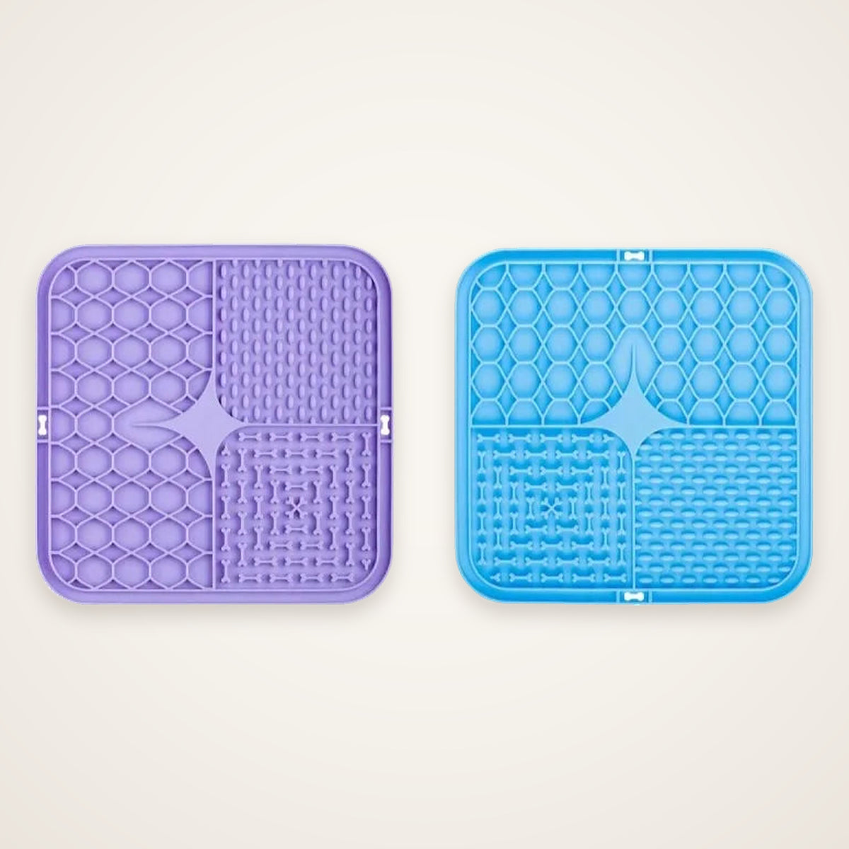 Two Snifflebay silicone dog lick mats, purple and blue