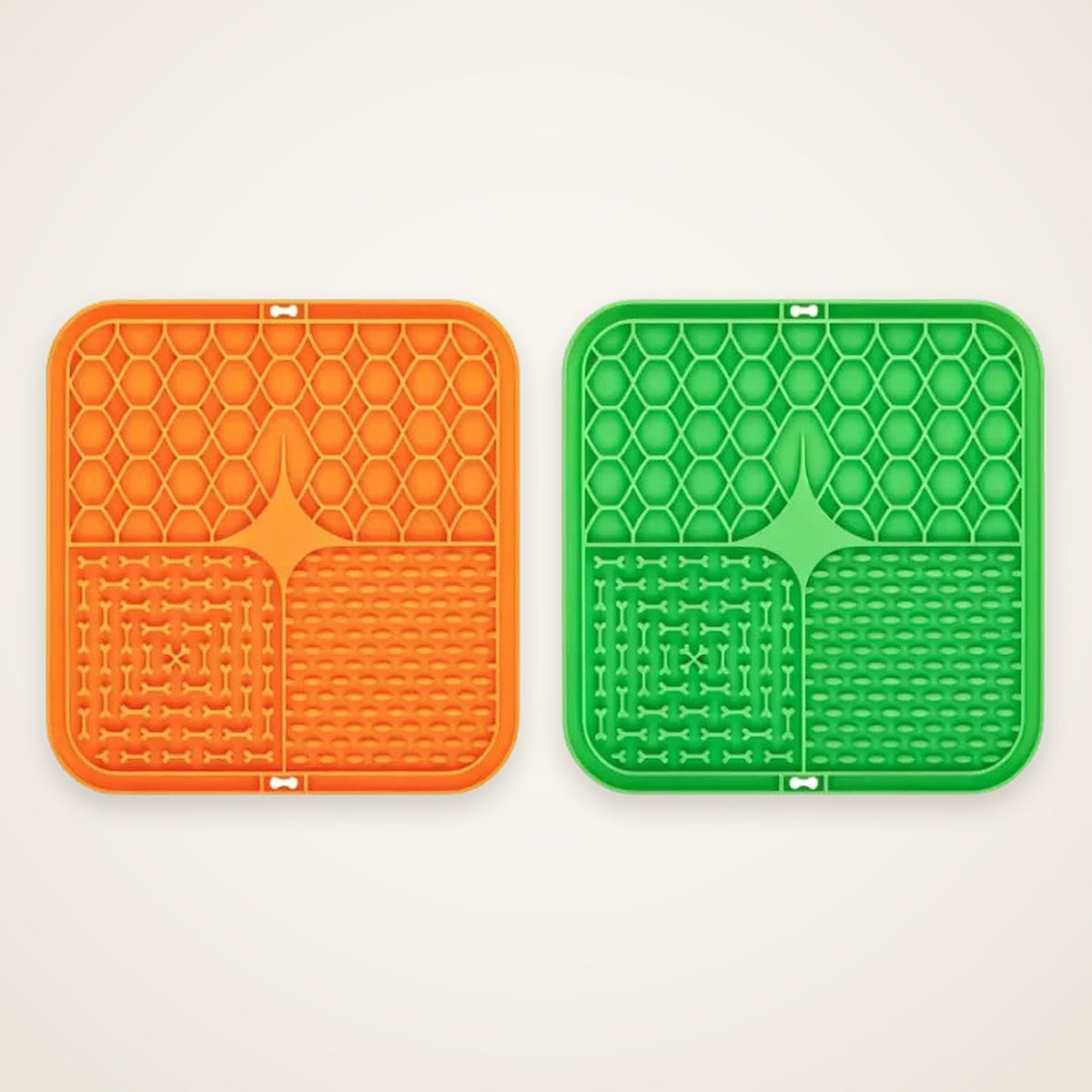 Two Snifflebay silicone dog lick mats, orange and green