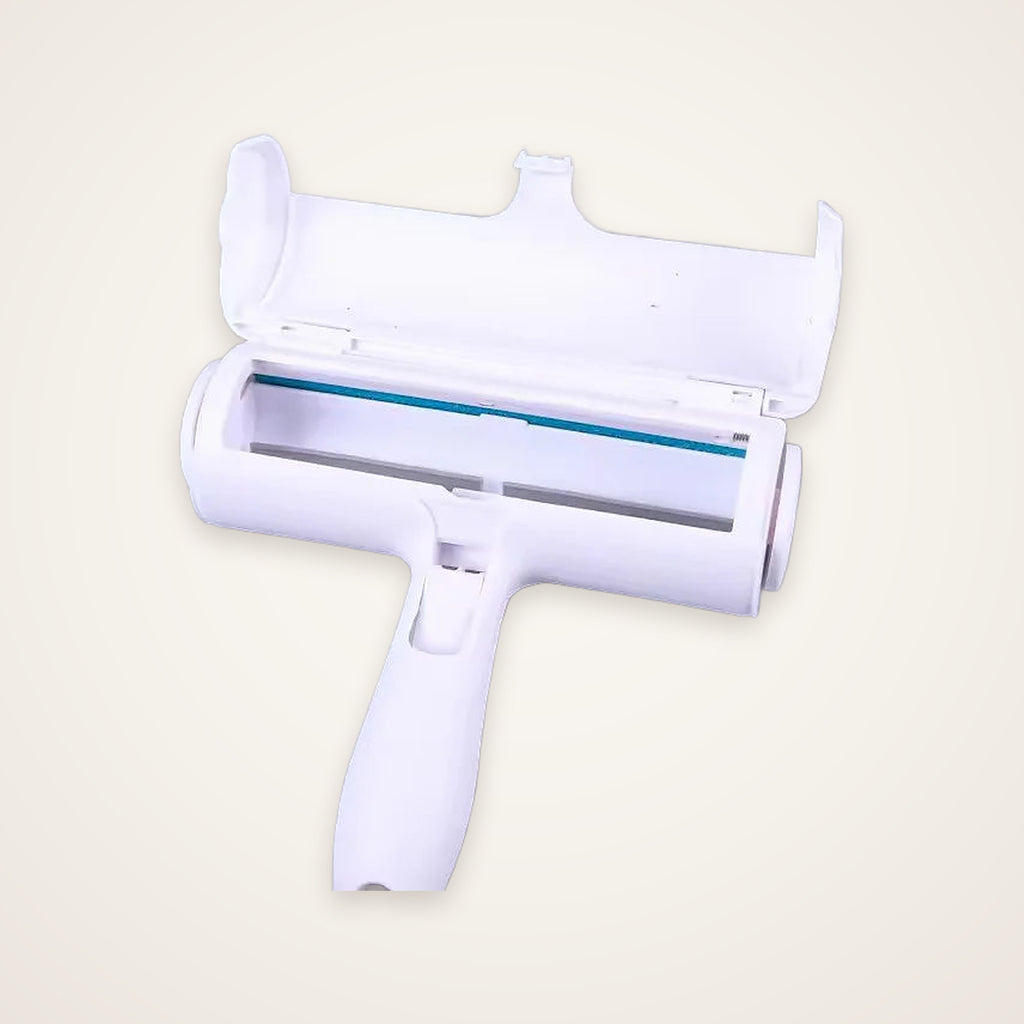 Snifflebay reusable pet hair remover roller with the lid open, showing the self-cleaning base